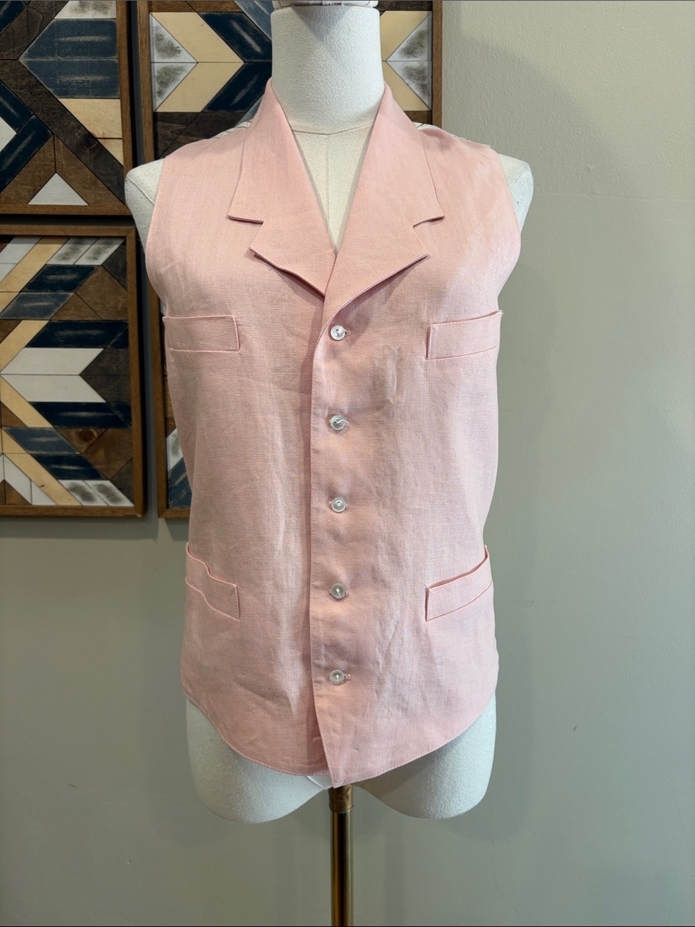 Vintage Ralph Lauren Pink Linen Striped Back Vest Unisex Medium